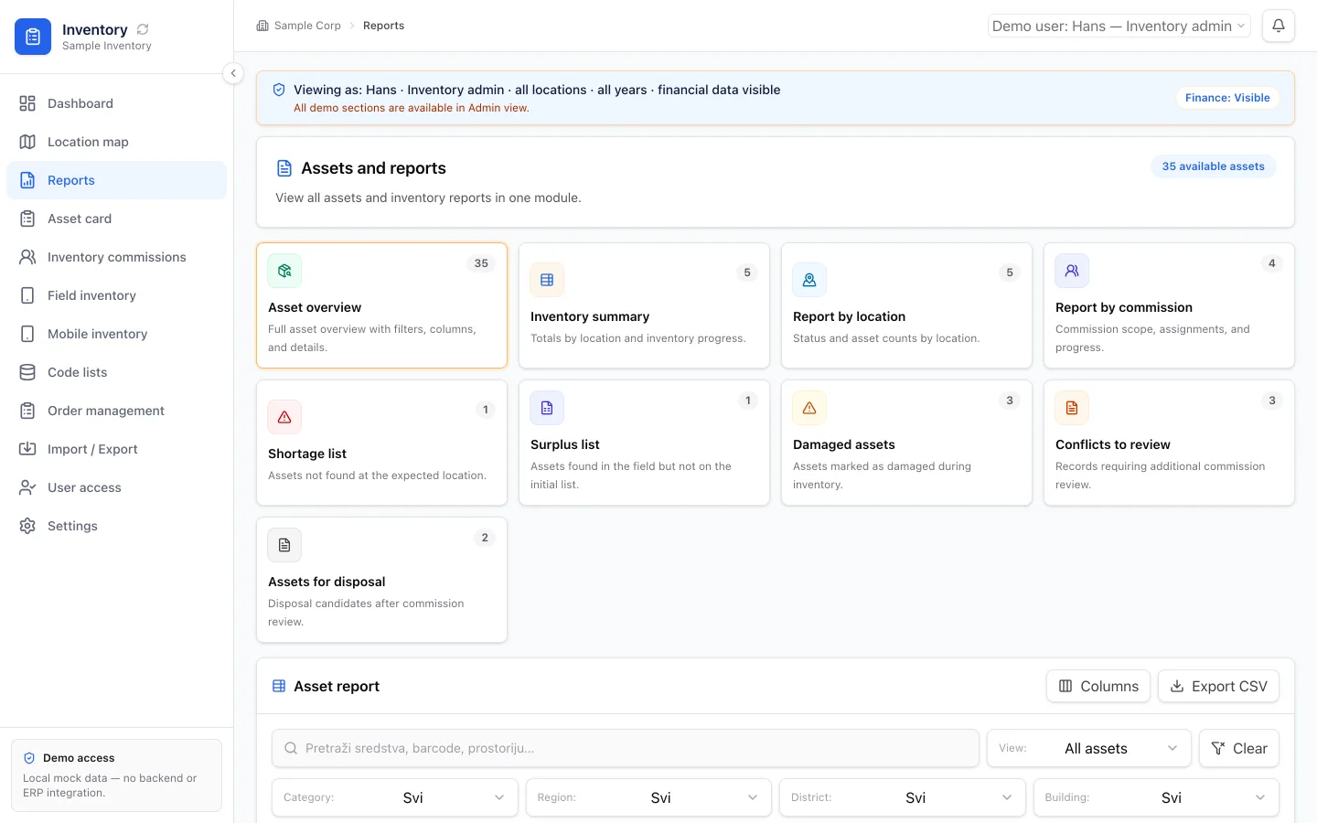 Asset Inventory reports using sample data