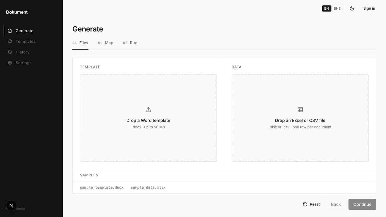 Folio Word template and spreadsheet upload screen