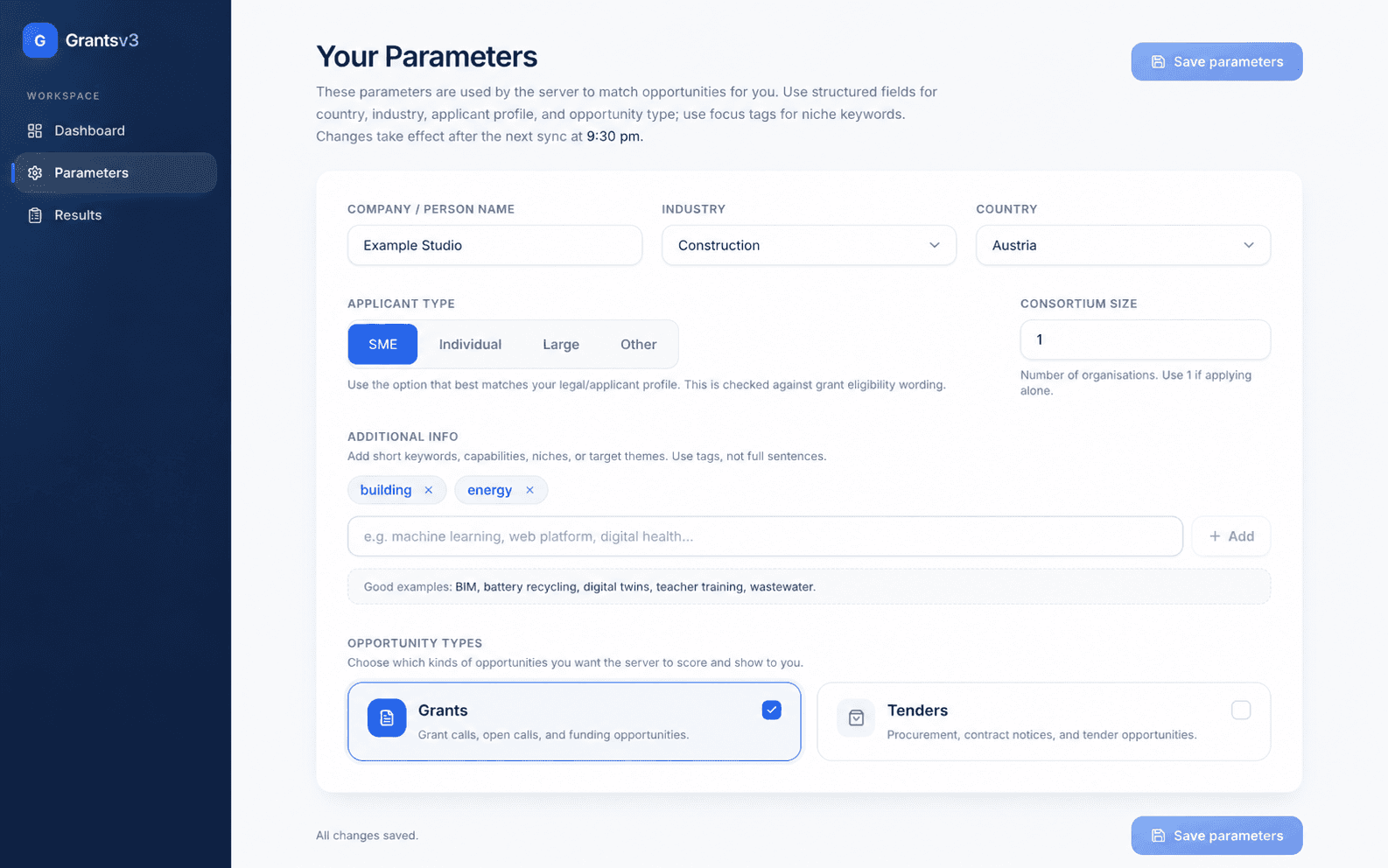 HATT Scout Parameters workspace for grant and tender matching